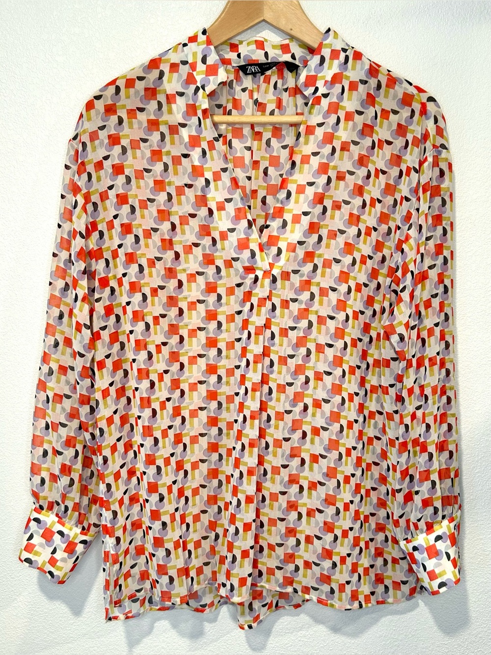 ZARA Chiffon Geometric Print V-Neck Top Retro Office Casual Mod Size M